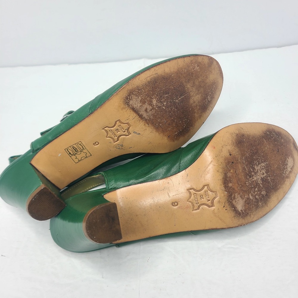 Re Mix Retro Style Shoes Green Leather Heels Peep Toe Pin Up Girl Rockabilly - Picture 8 of 9